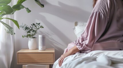 Smart home air quality monitoring system by the bed in a modern bedroom