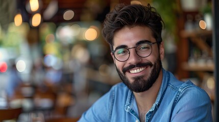 Fototapeta premium Smiling young man with glasses in a casual denim shirt. Natural light portrait in a cafe setting. Ideal for lifestyle and advertising content. AI