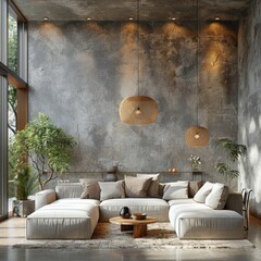 Modern loft living room interior with cozy sofa and stylish decor