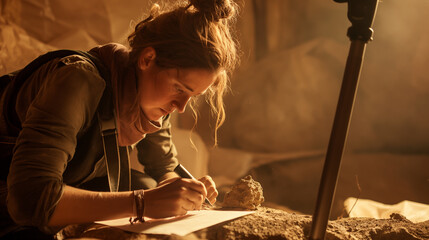 A photo of a journalist in the midst of an archaeological dig, dust-covered, camera slung over their shoulder, as they jot down notes next to a newly uncovered artifact, with the e