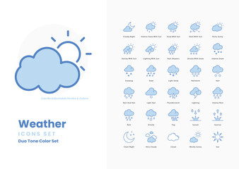 Set of Weather icons set such as, Sun, Cloud, Rain, Snow, Wind, Thunderstorm, Lightning, Fog, Hail, Rainbow, Temperature, vector stock illustration