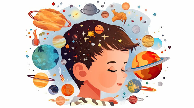 child Astronaut imagining space in mind merged brain with watercolor space art, gateway to another universe.space, cosmonaut and galaxy for poster, banner , future, science fiction, astronomy