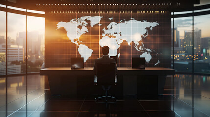 An anchor seated at a sleek, modern desk in a well-lit studio, large screens displaying global maps and breaking news graphics behind them, emphasizing the global reach of their re