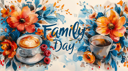 The phrase Family Day depicted on a watercolor sketch for a Family Day postcard, featuring two cups of coffee amidst summer flowers and a bright, light-filled background - obrazy, fototapety, plakaty