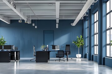 Modern office interior with blue walls, white ceiling and concrete floor. There is an open space for working in the center of the room.