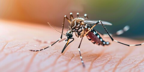 Close-up of a mosquito on human skin. Zika fever risk disease mosquitoes background alert. Dengue and malaria driver. Mosquitoes alert