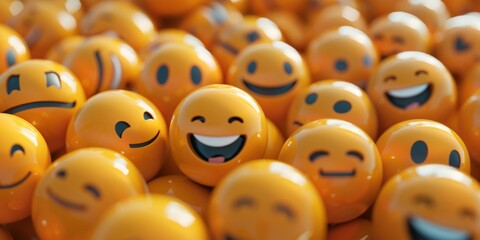 Many emoji balls with various expressions. Infinite emoticons 3d rendering background, social media and communications concept. 