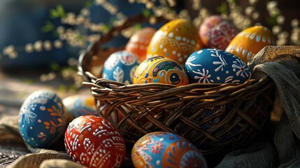 A basket filled with colorful painted Easter eggs sits on a table.
