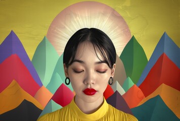Beautiful Asian woman with short black hair in front of colorful mountains, red lips and closed eyes. abstract mountain background