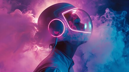 A person wearing a white plastic helmet with neon pink and blue lights illuminating smoke around their head with a minimalistic and retrofuturistic design.