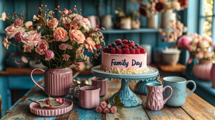 Fototapeta premium A sweet homemade cheesecake with berries and cups of coffee on the table surrounded by summer flowers, symbol of family unity and happiness, Happiness Day or Family Day celebration background