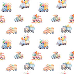 seamless pattern watercolor toy cars 