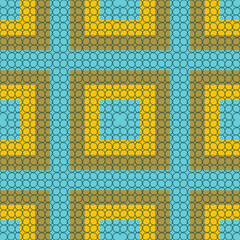 Vector, seamless, geometric, symmetrical, modern style pattern of colorful squares and dark green gird on it.