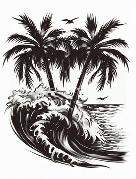 A detailed black and white drawing of two palm trees standing tall on a wave, capturing the essence of a tropical beach scene