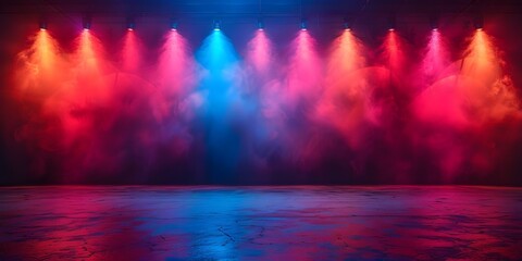 Vibrant and dynamic atmosphere on an empty stage with colorful spotlights for product display or performance. Concept Stage Lighting, Product Display, Dynamic Atmosphere, Vibrant Colors - obrazy, fototapety, plakaty