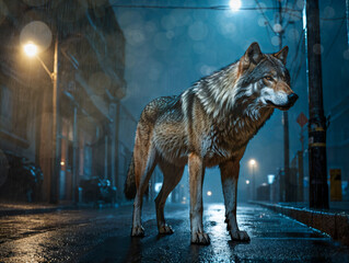 Wolf auf einer Dorfstraße