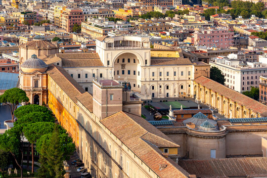 Aerial view of Belvedere palace and Vatican museums, center of Rome, Italy