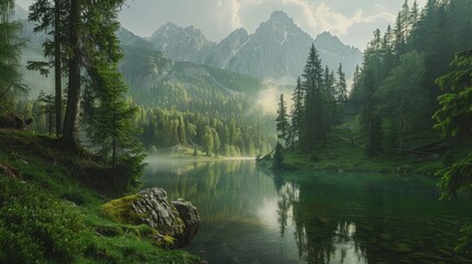 lake and coniferous forest at Mountain foot  - obrazy, fototapety, plakaty