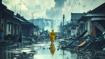 Person in Yellow Raincoat in Devastated Area. A solitary figure in a yellow raincoat walks through a flooded, destroyed neighborhood, evoking a somber atmosphere. - obrazy, fototapety, plakaty