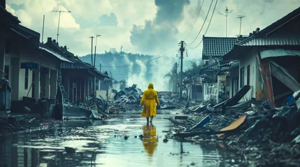 Foto op Plexiglas Person in Yellow Raincoat in Devastated Area. A solitary figure in a yellow raincoat walks through a flooded, destroyed neighborhood, evoking a somber atmosphere. © Ai2Swift
