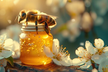 Closeup of a honeybee, a pollinator insect on a jar of honey - obrazy, fototapety, plakaty