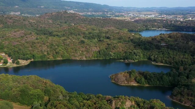 Aerial view of the Pistono Lake, in the morainic amphitheater of Ivrea. Montalto Dora, Torino, Italy