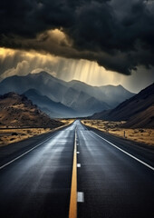 Road to mountain with heavy clouds.