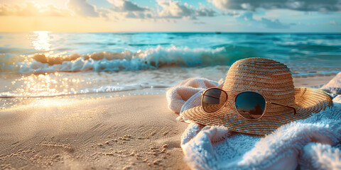 Closeup of hat and sunglasses on towel on beach