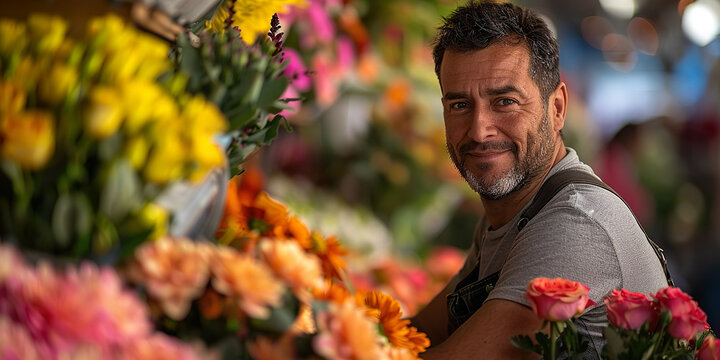 Florist in the middle of flower arrangements