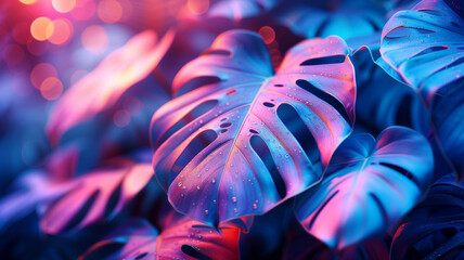 Abstract neon background tropical monstera leaves - obrazy, fototapety, plakaty