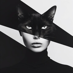 Fashion portrait of beautiful woman with black cat on her face.