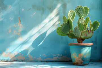 Cacti on blue concrete wall background copy space