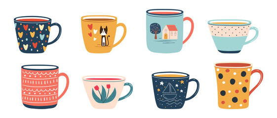 Vector set of modern, cute coffee or tea cups decorated with design elements isolated on white background. Hand drawn cartoon flat design, colorful mugs collection.
