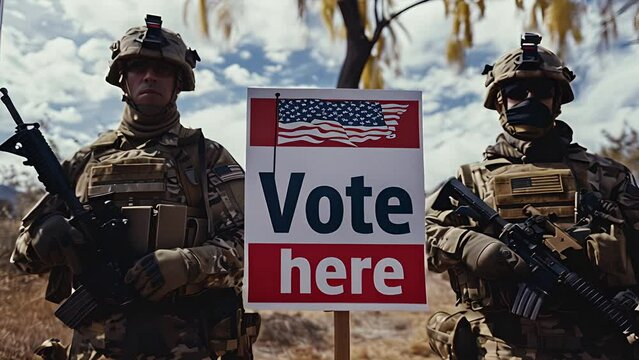 "Vote here" sign flanked by two armed soldiers wearing combat fatigues and body armor looking intimidating behind it