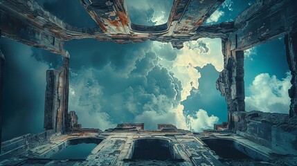 Broken edifice stands with bare beams reaching towards the sky - obrazy, fototapety, plakaty