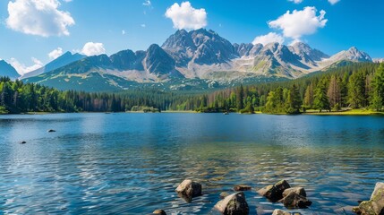 Mountain lake Strbske pleso in National Park High Tatra, Slovakia, Europe - obrazy, fototapety, plakaty