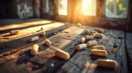 Herbal pills scattered on rustic wooden table with natural light - obrazy, fototapety, plakaty