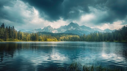 Peaceful mountain lake in National Park High Tatra. Dramatic overcast sky. Strbske pleso, Slovakia, Europe. Beauty world. - obrazy, fototapety, plakaty