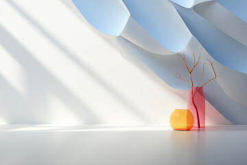 Minimalistic bright interior with a branch in a vase.