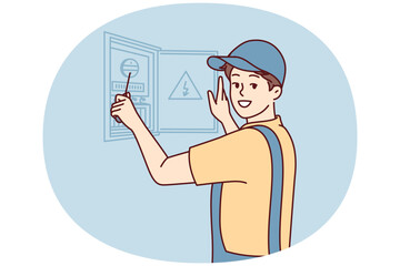 Man electrician is engaged in repair electrical appliances by opening electrical panel. Guy repairman in cap and in overalls carries out installation wiring after major overhaul. Flat vector design