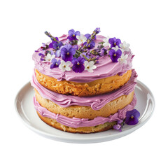 Obraz na płótnie Canvas Lavender cake, lavender frosting, edible flowers, on a white plate.