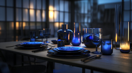 Beautiful table setting with glassware in shades of blue.