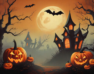 Atmospheric illustration of a haunted mansion, glowing pumpkins, and bats under a full moon on halloween