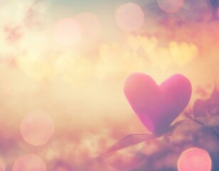Beautiful background for a romantic card or poster representing a heart bathed in soft and warm light, predominant yellow and purple color, space for text on the left side - obrazy, fototapety, plakaty