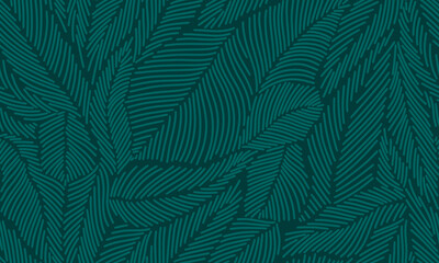 Pattern with spruce needles. Winter linear botanical pattern. Line illustration with Christmas tree branches and leaves on dark green background. Leaves withh linear texture - obrazy, fototapety, plakaty