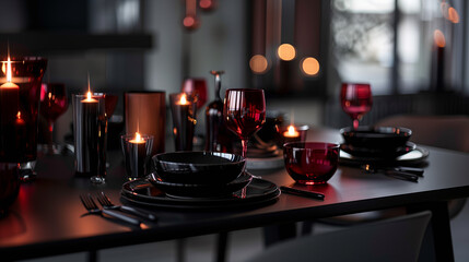 Beautiful table setting with glassware in shades of black and magenta.