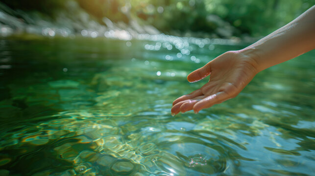 Hand touching clear emerald water in nature, environmental gesture to save natural resources.