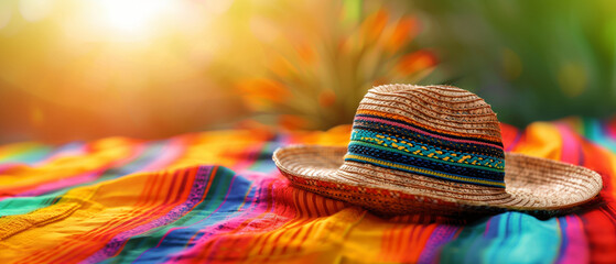 Mexican hats or sombreros on colorful fabric with green natural background and warm light, cinco de mayo festival theme - obrazy, fototapety, plakaty