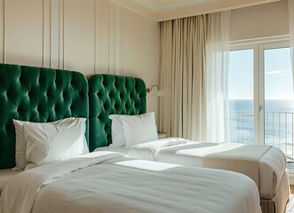 Modern hotel room with two beds, green velvet headboard 