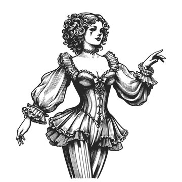 vintage pin-up clown girl wearing a corset and stockings, in a classic pose sketch engraving generative ai fictional character vector illustration. Scratch board imitation. Black and white image.